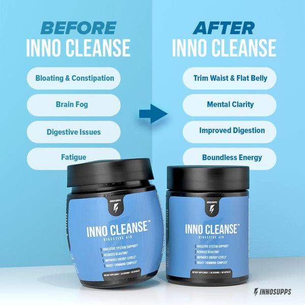 A split-screen educational graphic contrasting symptoms of poor digestive health with the positive outcomes of using a supplement.